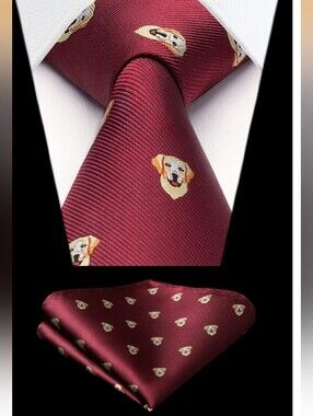 NEW! Burgundy Man's Best Friend Tie and Pocket Square Set